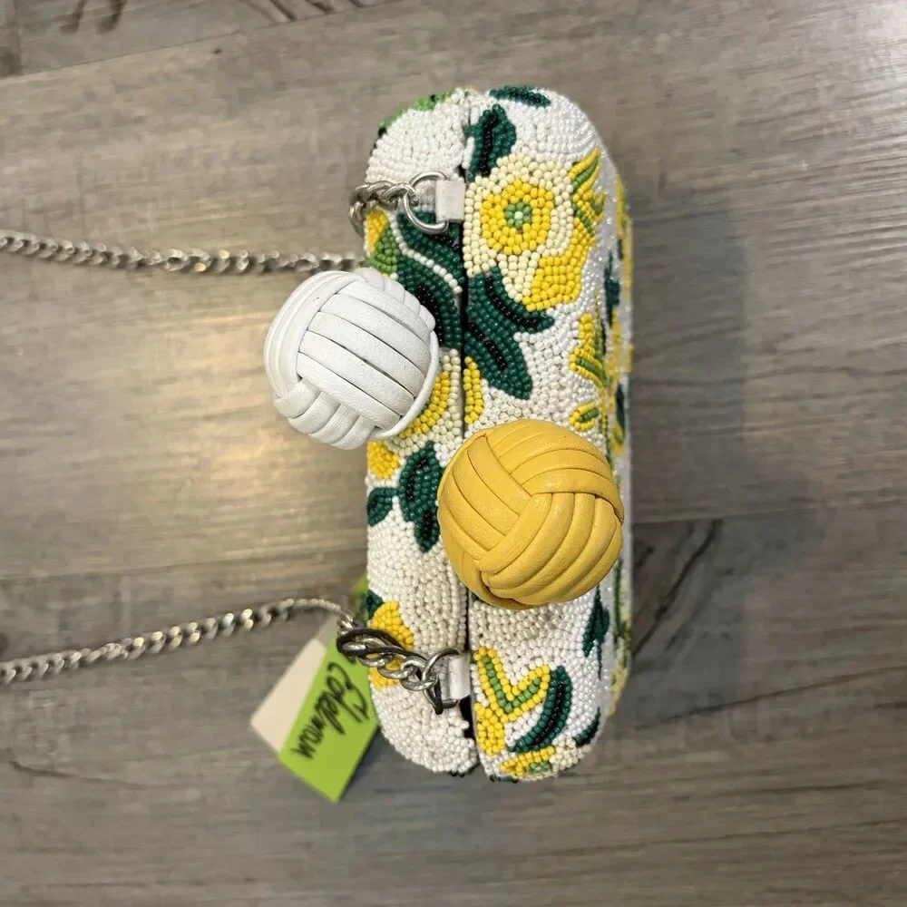 Sam Edelman Annabelle beaded Hard Case Clutch Purse Small Green White Yellow - Picture 4 of 7